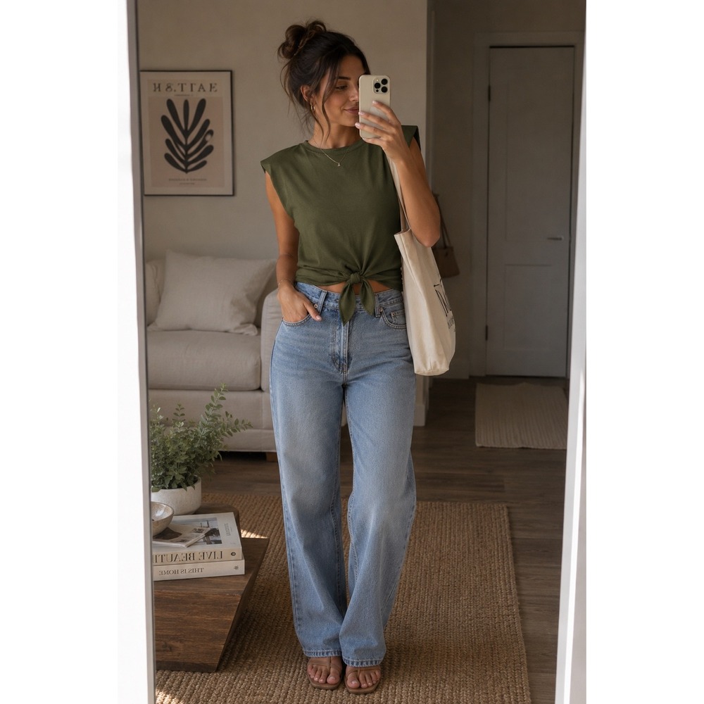 Vibe Sportswear Olive Green Shoulder Pad Tie Front Sleeveless Top XS